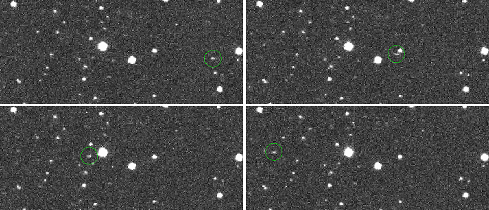 The discovery images of space object WT1190F, which falls to Earth on Friday, Nov. 13, 2015. These images were captured on Oct. 3 by the Catalina Sky Survey at the University of Arizona.