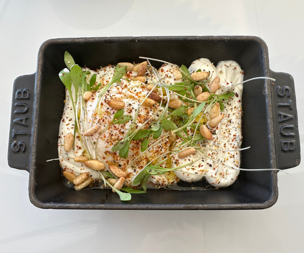 Baked Turkish eggs in a small Staub Cast-Iron Rectangular Roasting Dish