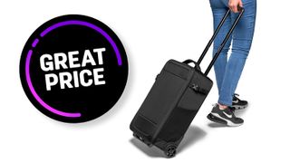 Woman pulling Manfrotto Advanced Rolling Bag III camera case with Great Price stamp