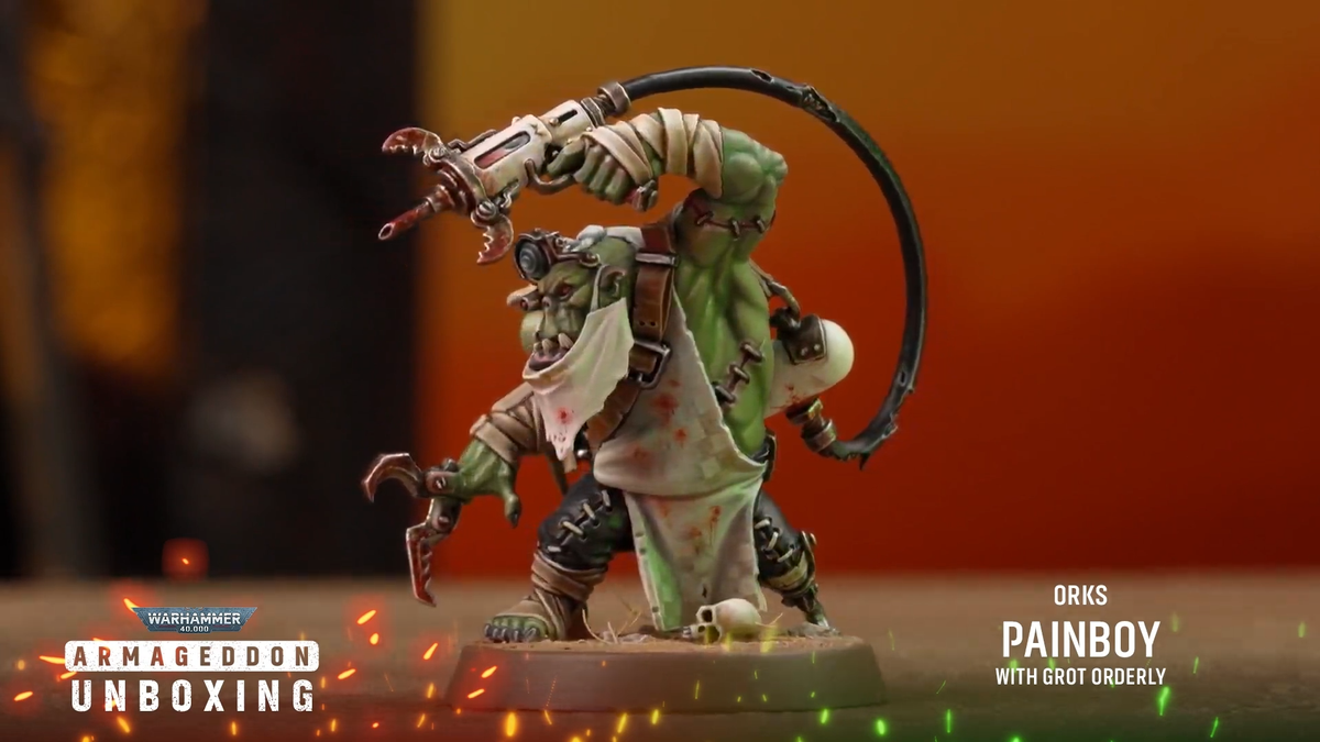 An array of Ork models against a fiery background
