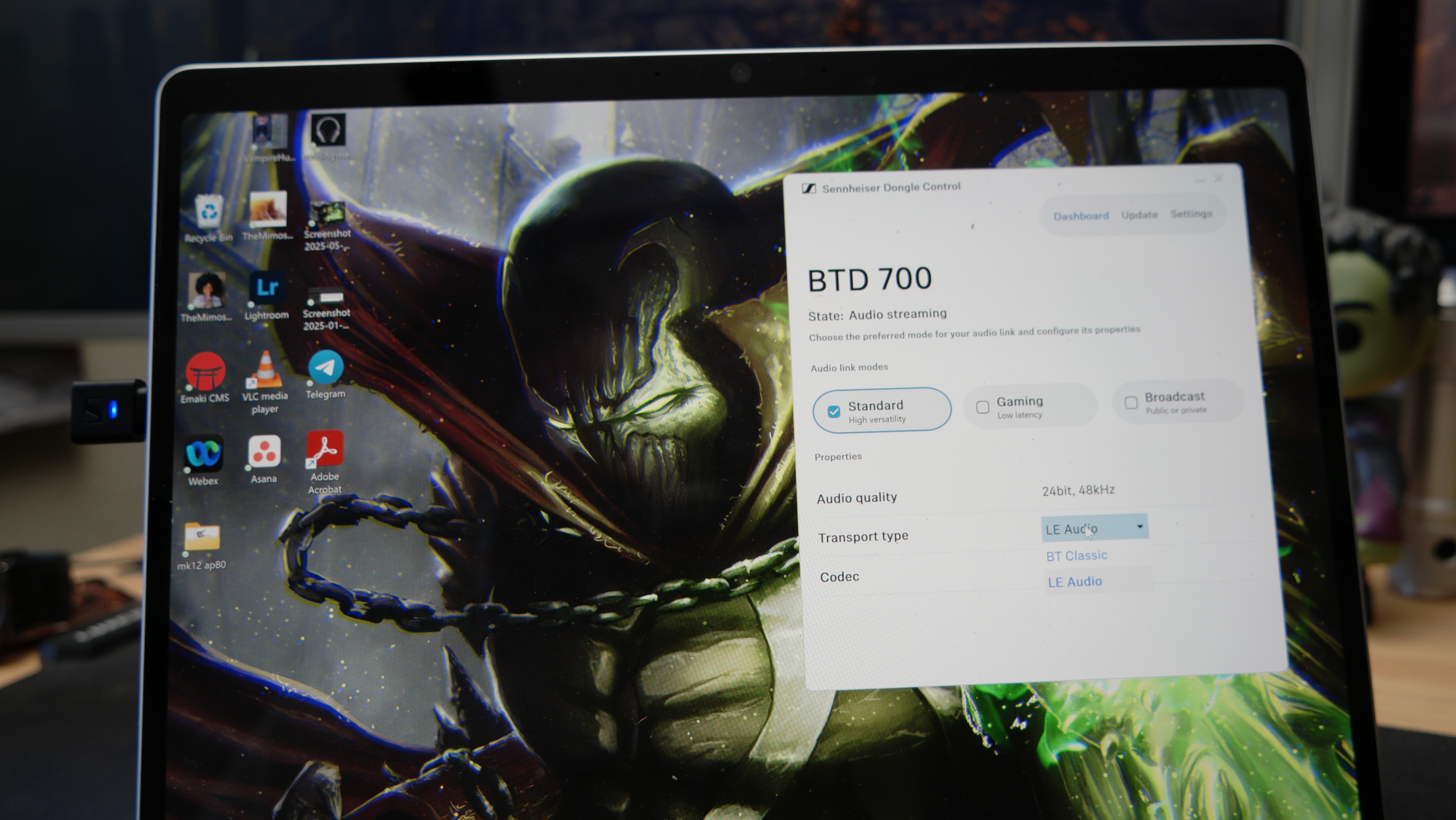 Sennheiser BTD 700 connnected to a Surface Pro 11 and the Sennheiser Dongle Control app for Windows showing Standard mode and Bluetooth codec options