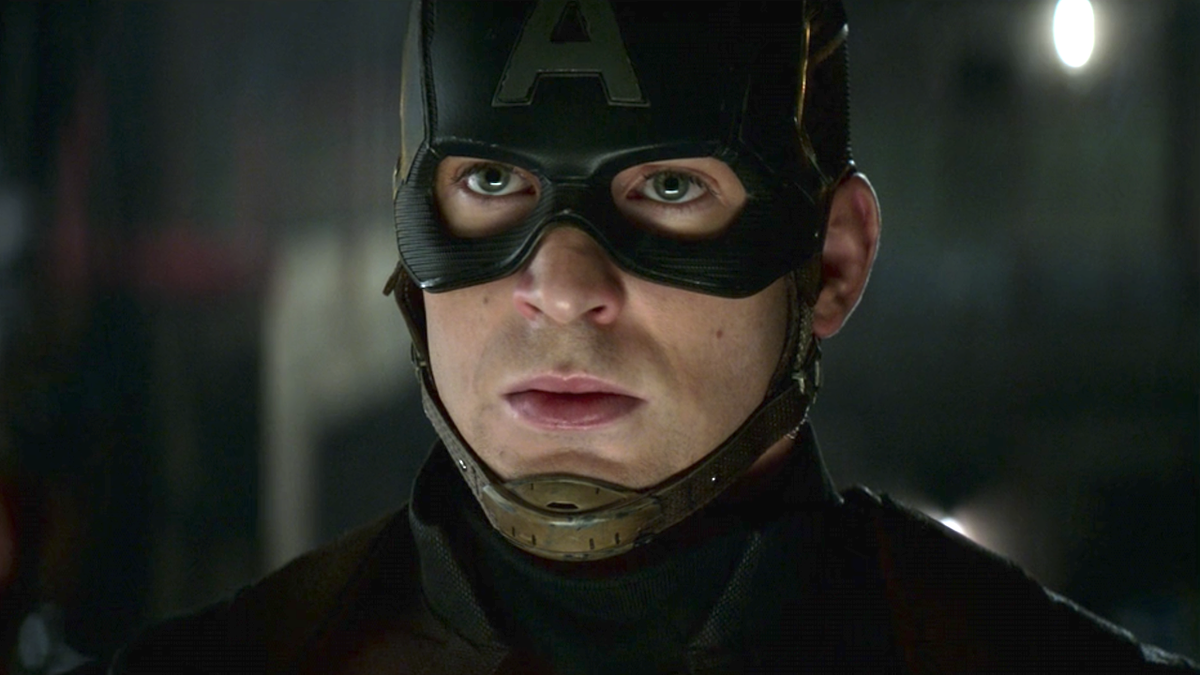 A close up of Chris Evans as Captain American