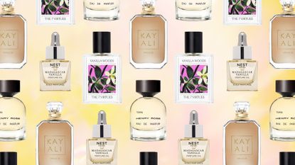 Collage of vanilla perfumes by the 7 virtues, henry rose, kayali, and nest overlaid a yellow gradient background