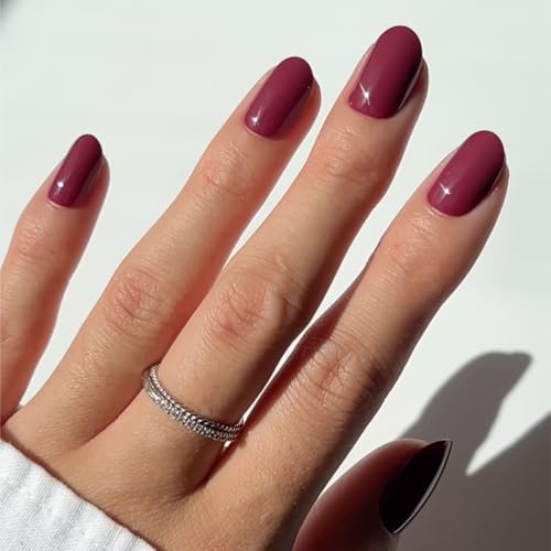 Glamnetic Press on Nails - Berry Maroon | Opaque Dark Red Maroon Short Round False Nails, Reusable Stick on Fake Nails With Glue | Salon Quality | 12 Sizes - 30 Nail Kit