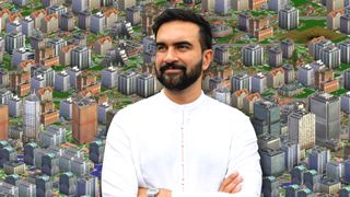 New York assemblyman and Democratic mayoral nominee Zohran Mamdani over a backdrop screenshot from SimCity 3000.