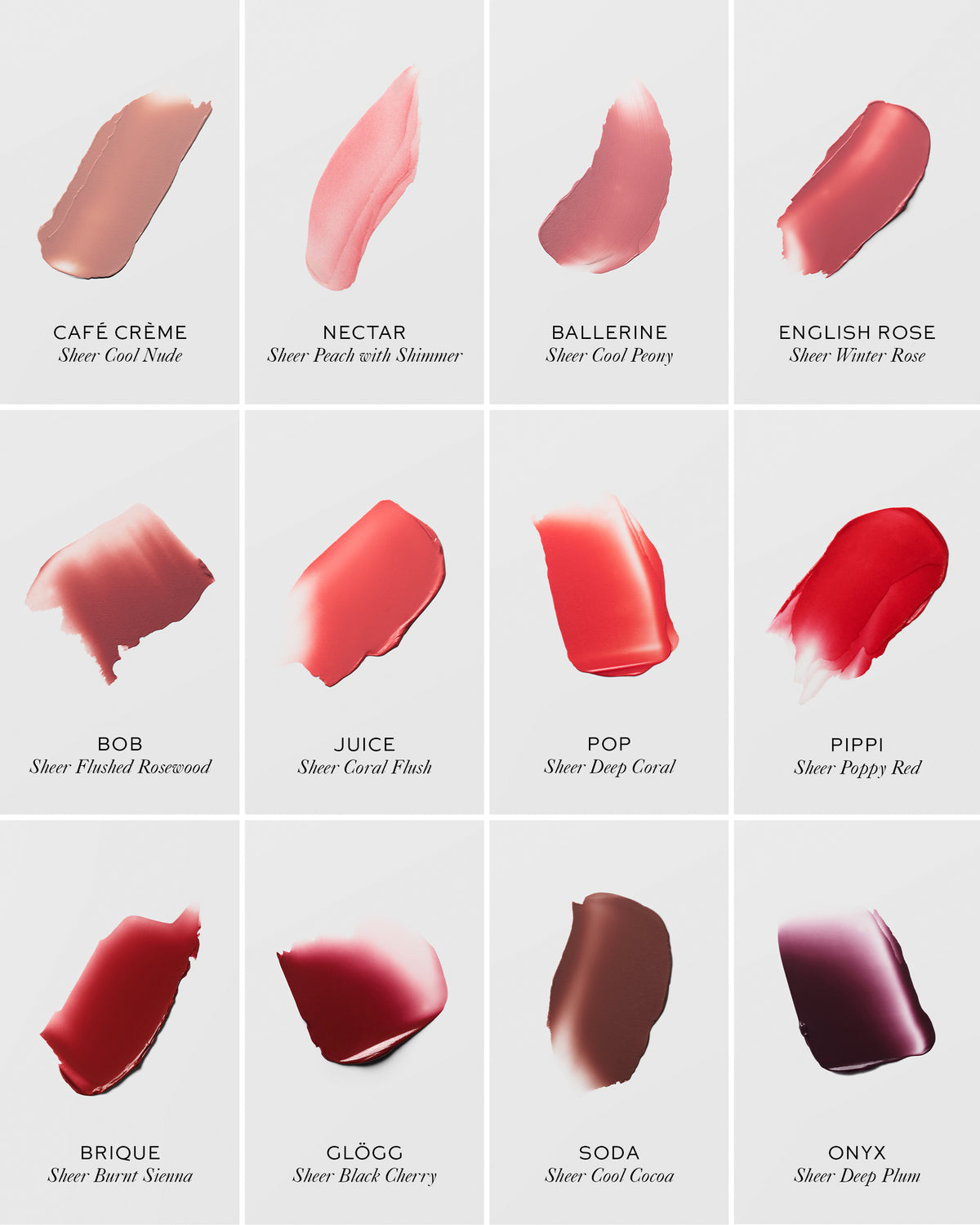 A chart showing the Westman Atelier shade range for the HydroBalm lipstick.