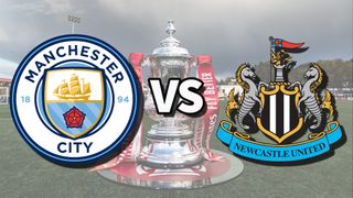 Man City vs Newcastle football club logos over an image of the FA Cup Trophy