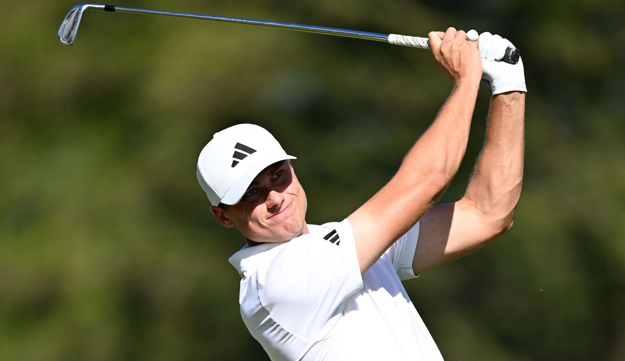 Ludvig Aberg watches his tee shot