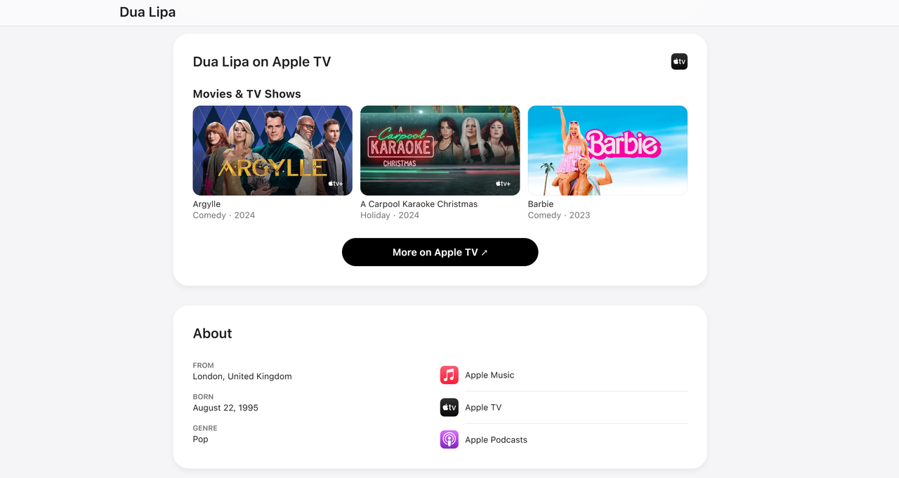 A screenshot of the Snapshot on Apple web page design showing information about Dua Lipa