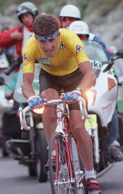 Spaniard Pedro Delgado rides during the 13th stage of the Tour de France, an individual time trial between Grenoble and Villard-de-Lans 15 July 1988. Delgado wins the stage on his way to winning his first Tour de France.