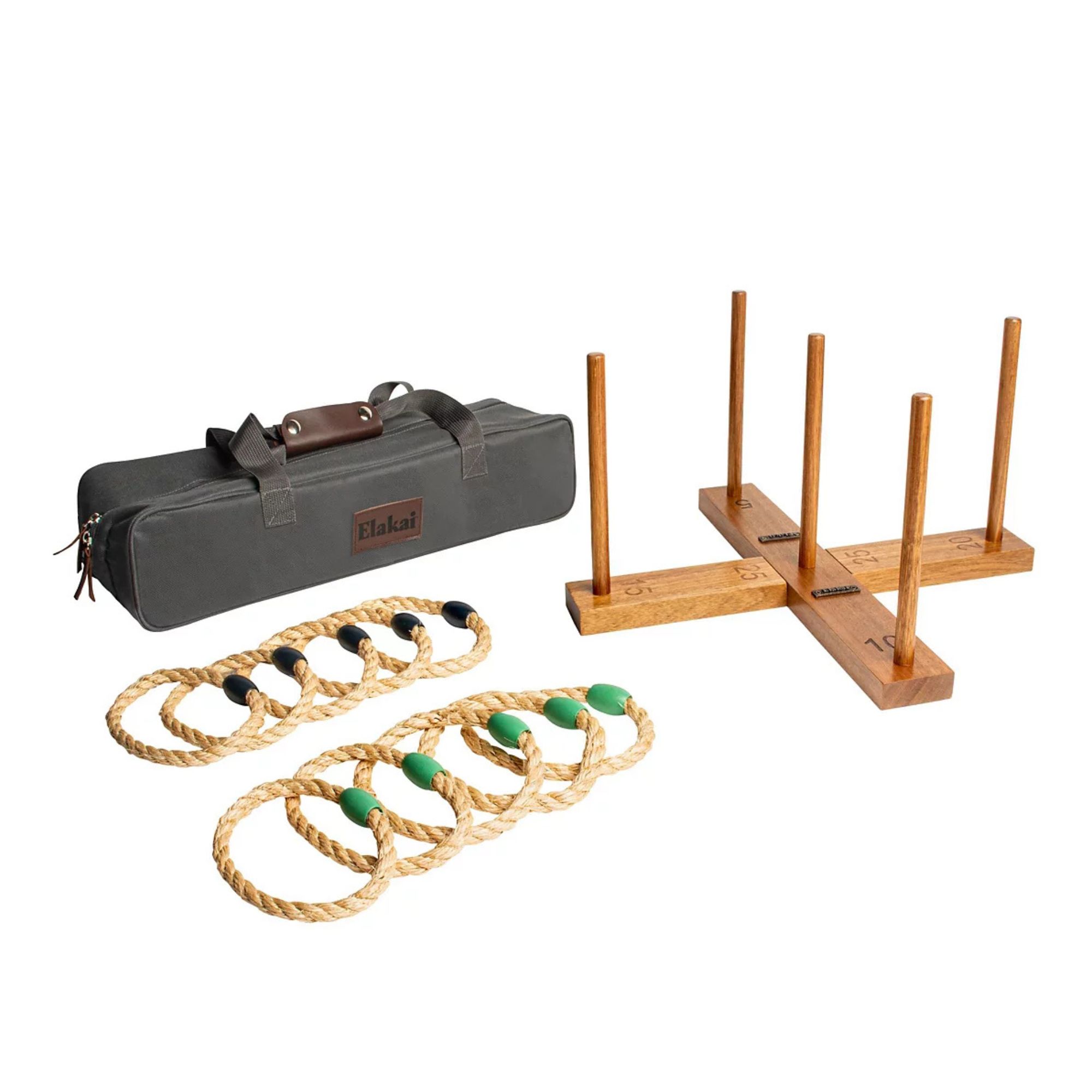 Acacia wood ring toss set with rope rings and a black carry bag