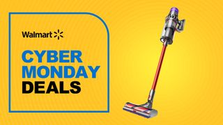 A Dyson vacuum on a yellow background next to text reading Walmart Cyber Monday sales