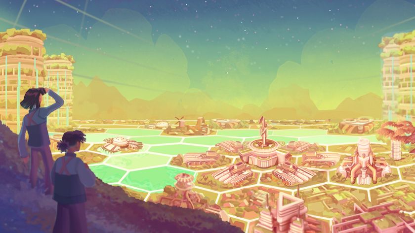 Two children on ridge overlooking futuristic arcology colony city.