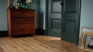 natural wood flooring in a dark room with blue-green paint