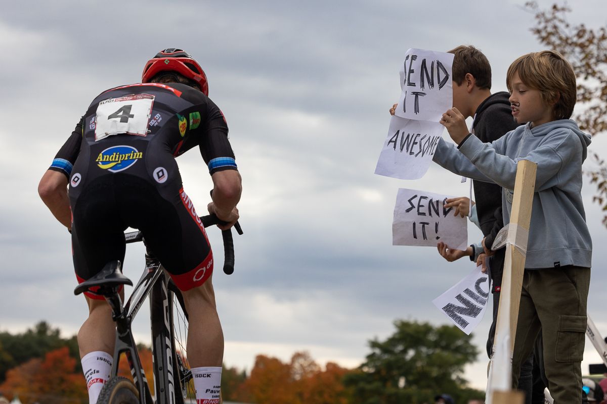 Young fans (don't let the moustaches fool you) encourage Eli Iserbyt (Pauwels Sauzen - Bingoal) to get "send-y" after he broke away from the rest of the field and took a commanding solo lead midway through the race.