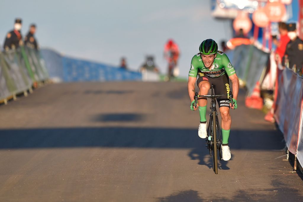 Team Jumbos Slovenian rider Primoz Roglic prepares to cross the finishline of the 8th stage of the 2020 La Vuelta cycling tour of Spain a 164km race from Logrono to Alto de Moncalvillo on October 28 2020 Photo by ANDER GILLENEA AFP Photo by ANDER GILLENEAAFP via Getty Images