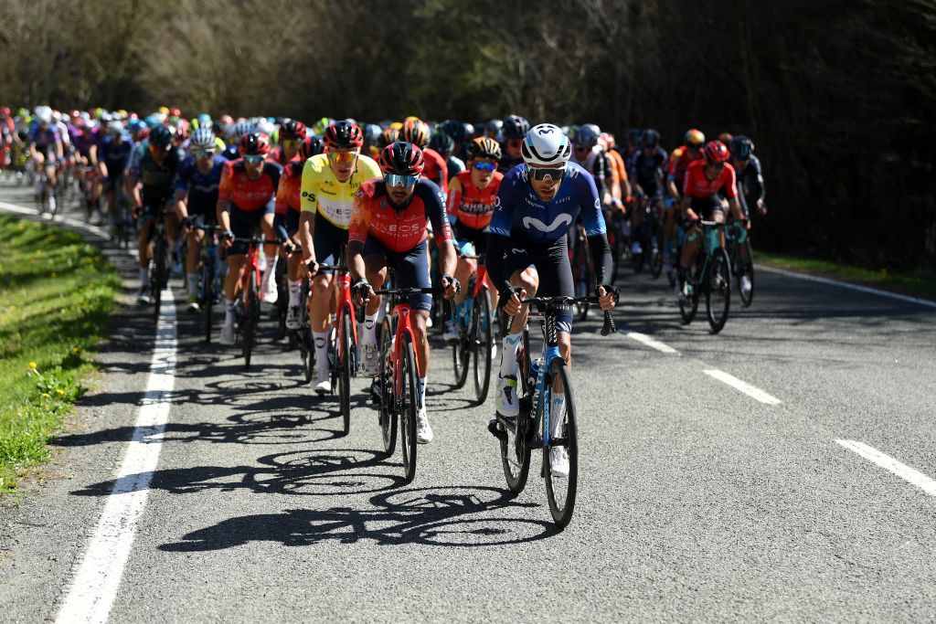 LEITZA SPAIN APRIL 04 LR Brandon Rivera of Colombia and Team INEOS Grenadiers and Jorge Arcas of Spain and Movistar Team compete during the 62nd Itzulia Basque Country 2023 Stage 2 a 1938km stage from Viana to Leitza UCIWT on April 04 2023 in Leitza Spain Photo by David RamosGetty Images