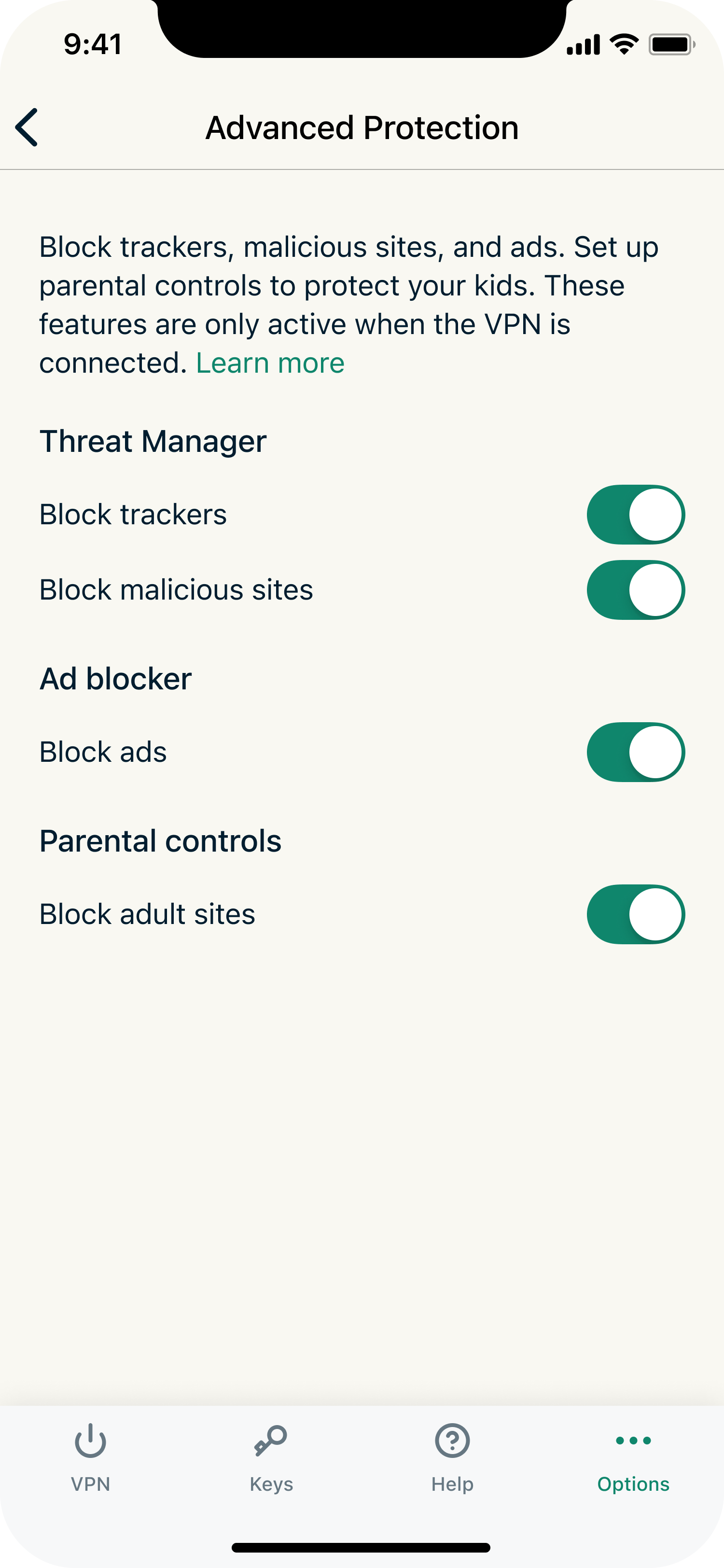 ExpressVPN's advanced protection settings tab on its iPhone app