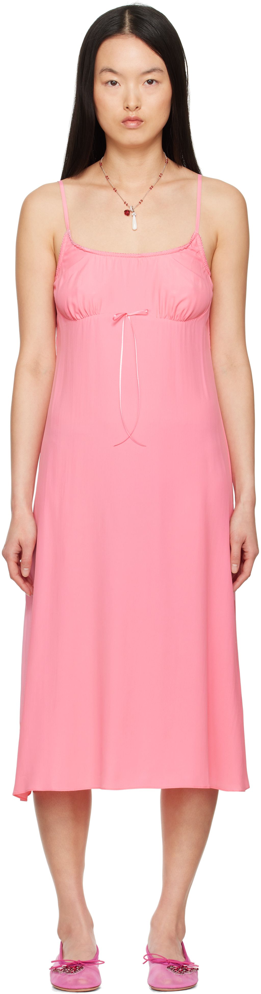 Pink Negligee Bow Slip Midi Dress