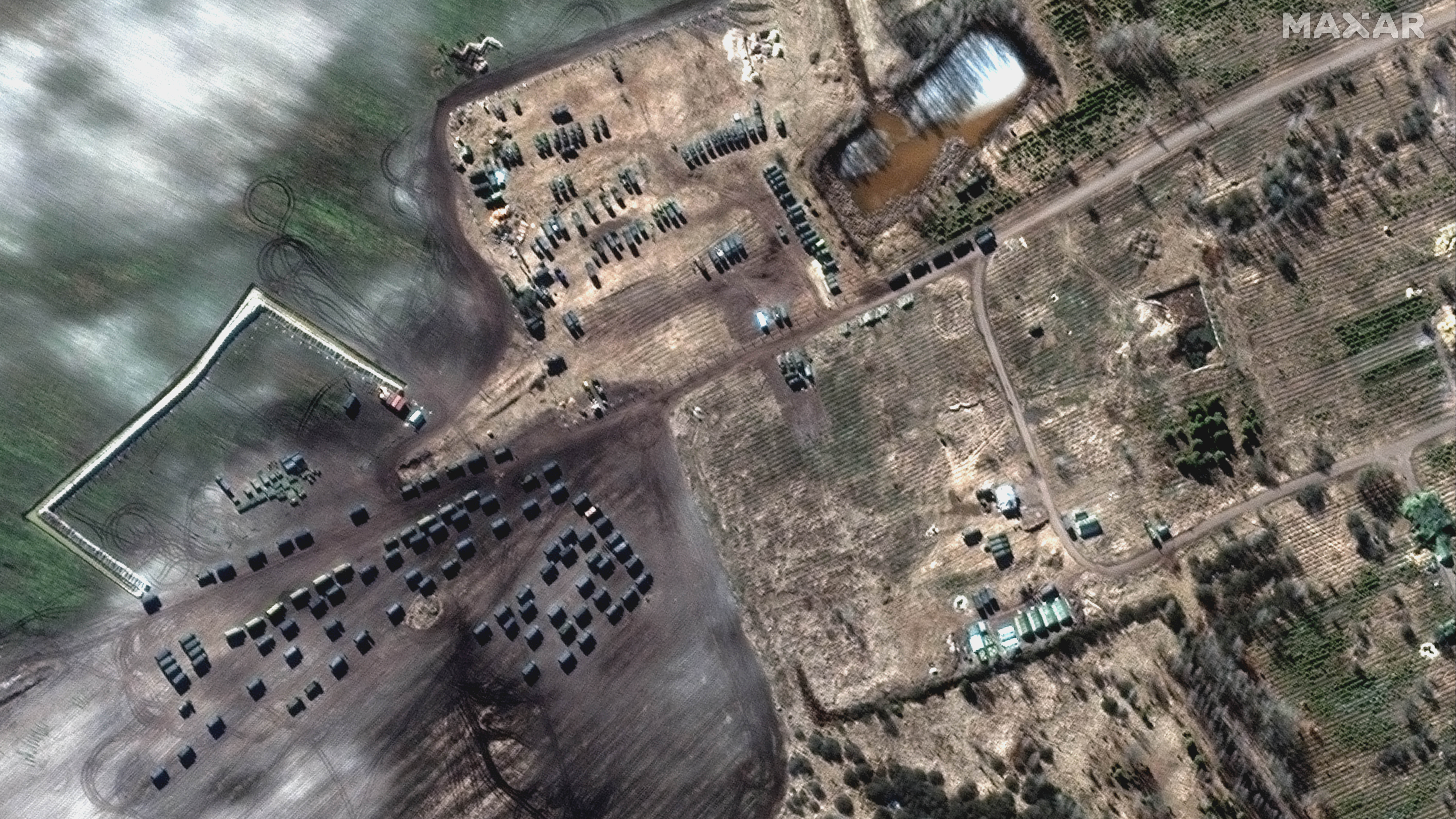 Military equipment in Belarus near the border with Ukraine seen from space.