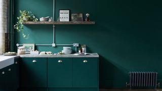 emerald painted kitchen with industrial accents