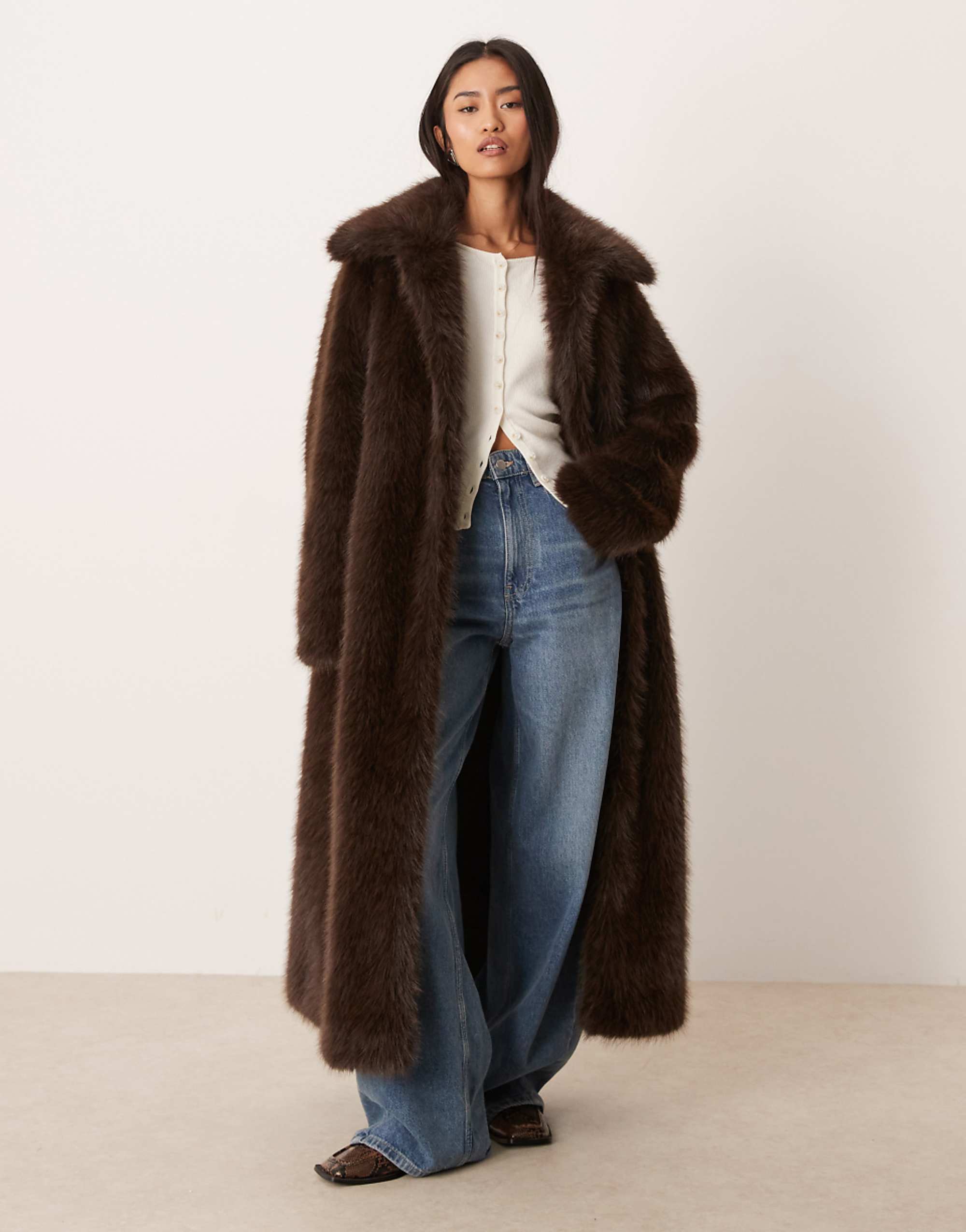 Gina Tricot Faux Fur Maxi Coat in Dark Brown