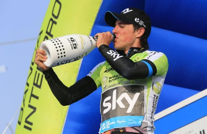 Pete Kennaugh (Team Sky) enjoys the spumante on the podium