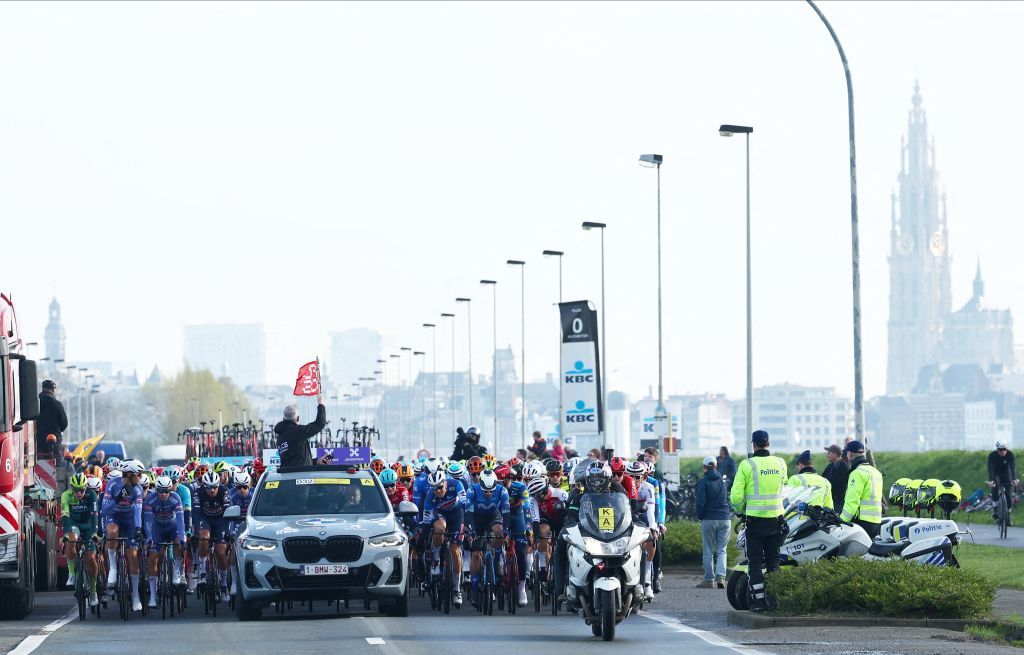 The start of the men's race of the 'Ronde van Vlaanderen/ Tour des Flandres/ Tour of Flanders' one day cycling event, 270,8km from Antwerp to Oudenaarde, Sunday 31 March 2024.
BELGA PHOTO DAVID PINTENS (Photo by DAVID PINTENS / BELGA MAG / Belga via AFP)