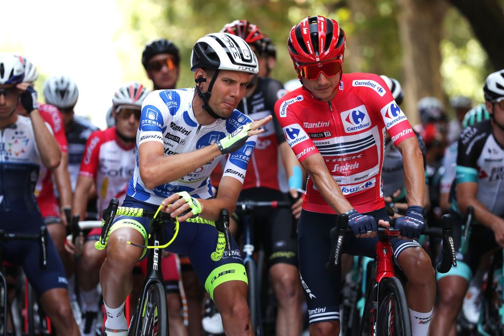 ALTO DE LA MONTAA DE CULLERA SPAIN AUGUST 19 LR Rein Taaramae of Estonia and Team Intermarch Wanty Gobert Matriaux Polka Dot Mountain Jersey and Kenny Elissonde of France and Team Trek Segafredo Red Leader Jersey prior to the 76th Tour of Spain 2021 Stage 6 a 1583km stage from Requena to Alto de la Montaa de Cullera 184m lavuelta LaVuelta21 on August 19 2021 in Alto de la Montaa de Cullera Spain Photo by Gonzalo Arroyo MorenoGetty Images