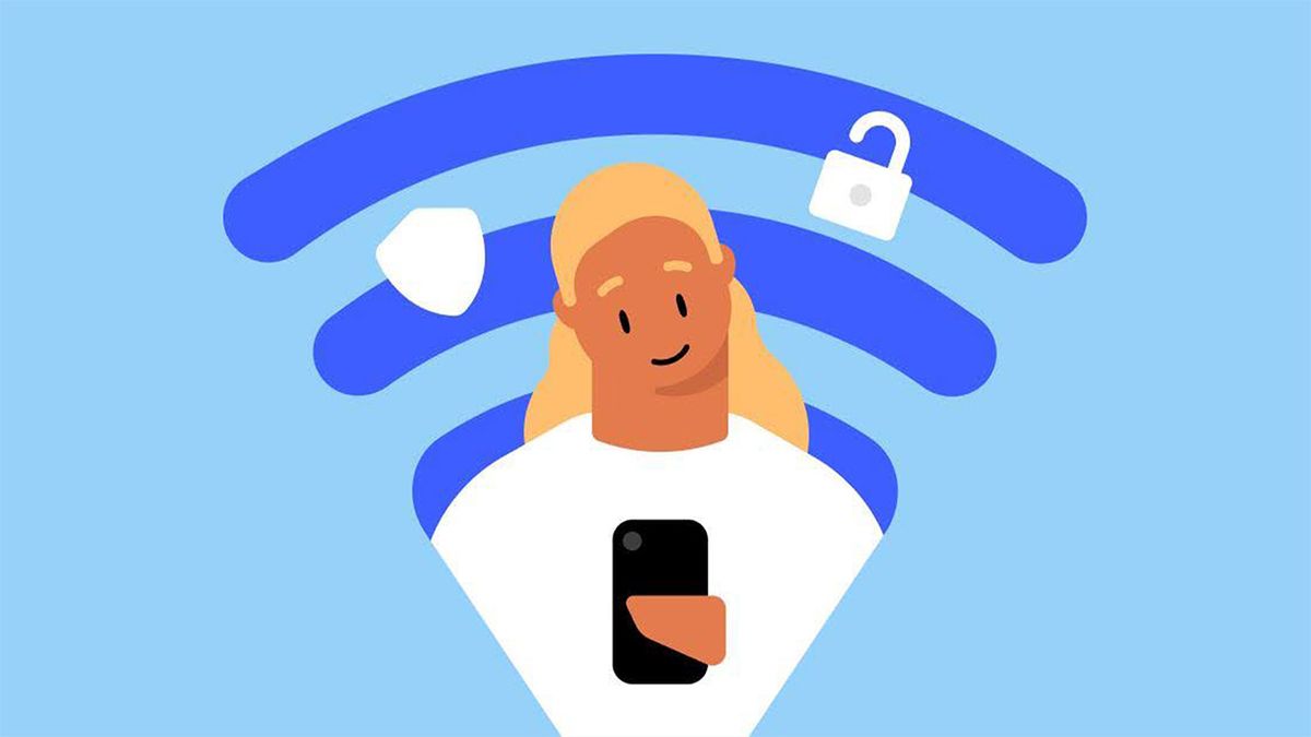 Cartoon of person holding a phone, with Wi-Fi symbol behind them