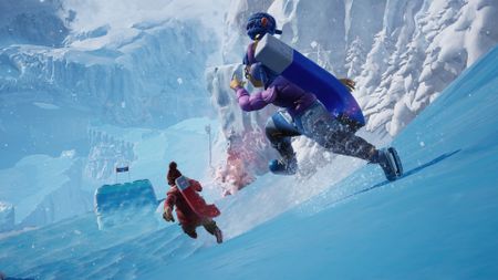 It Takes Two screenshot featuring the two main characters racing down a snowy mountain