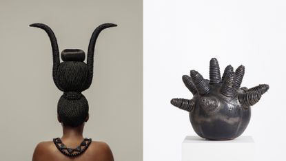 Zizipho Poswa photography and ceramics at Southern Guild Gallery, exploring Black hair as a medium for sculpture