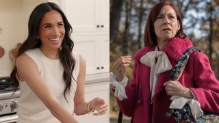 From left to right: Meghan Markle smiling in With Love, Meghan and Carrie Preston as Elsbeth in Elsbeth looking concerned. 