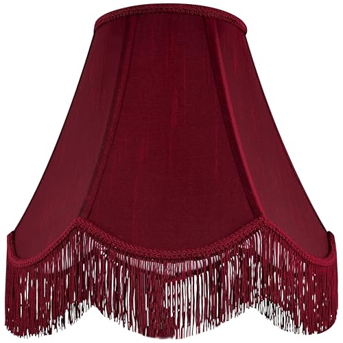Go&so Set of 2 Burgundy Silk Scalloped Lamp Shade, Petal Edge Braid With Burgundy Fringe Trim, 6"x13"x10.6"(spider), Victorian Bell Lamp Shades, Replacement Shades for Table,floor Lamps, Easy Assembly