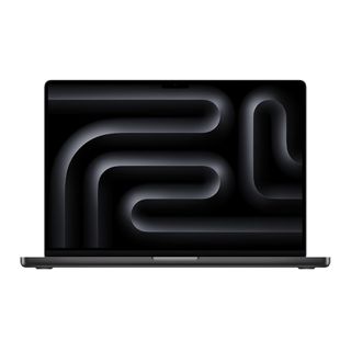 A front-facing view of an open and powered on laptop against a white background.