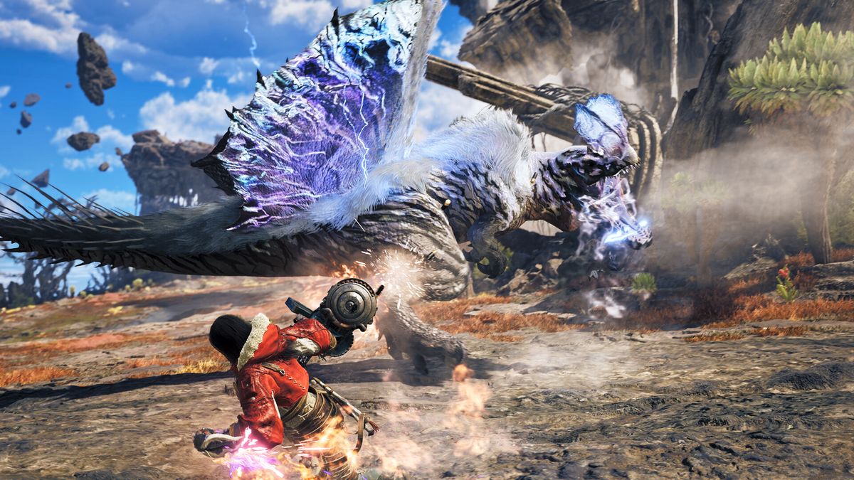 A screenshot from Monster Hunter Wilds: Ascendance showing a main character in combat against a winged beast.
