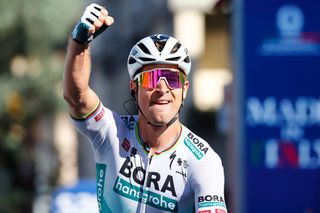 Team BoraHansgrohe rider Slovakias Peter Sagan celebrates as he crosses the finish line to win the tenth stage of the Giro dItalia 2021 cycling race 139 km between lAquila and Foligno on May 17 2021 Photo by Luca Bettini AFP Photo by LUCA BETTINIAFP via Getty Images