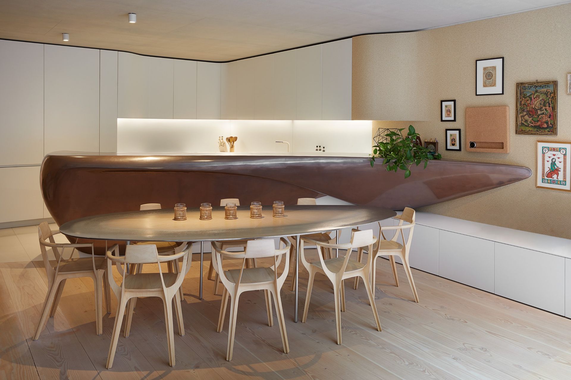 Basement kitchen, dining and living area