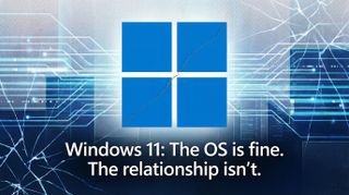 A clean, editorial‑style illustration of the Windows logo with a subtle, hairline crack running through it &mdash; not shattered, not broken, just fractured. It visually communicates the theme: Windows isn&rsquo;t collapsing, but the relationship between Microsoft and its users is strained.