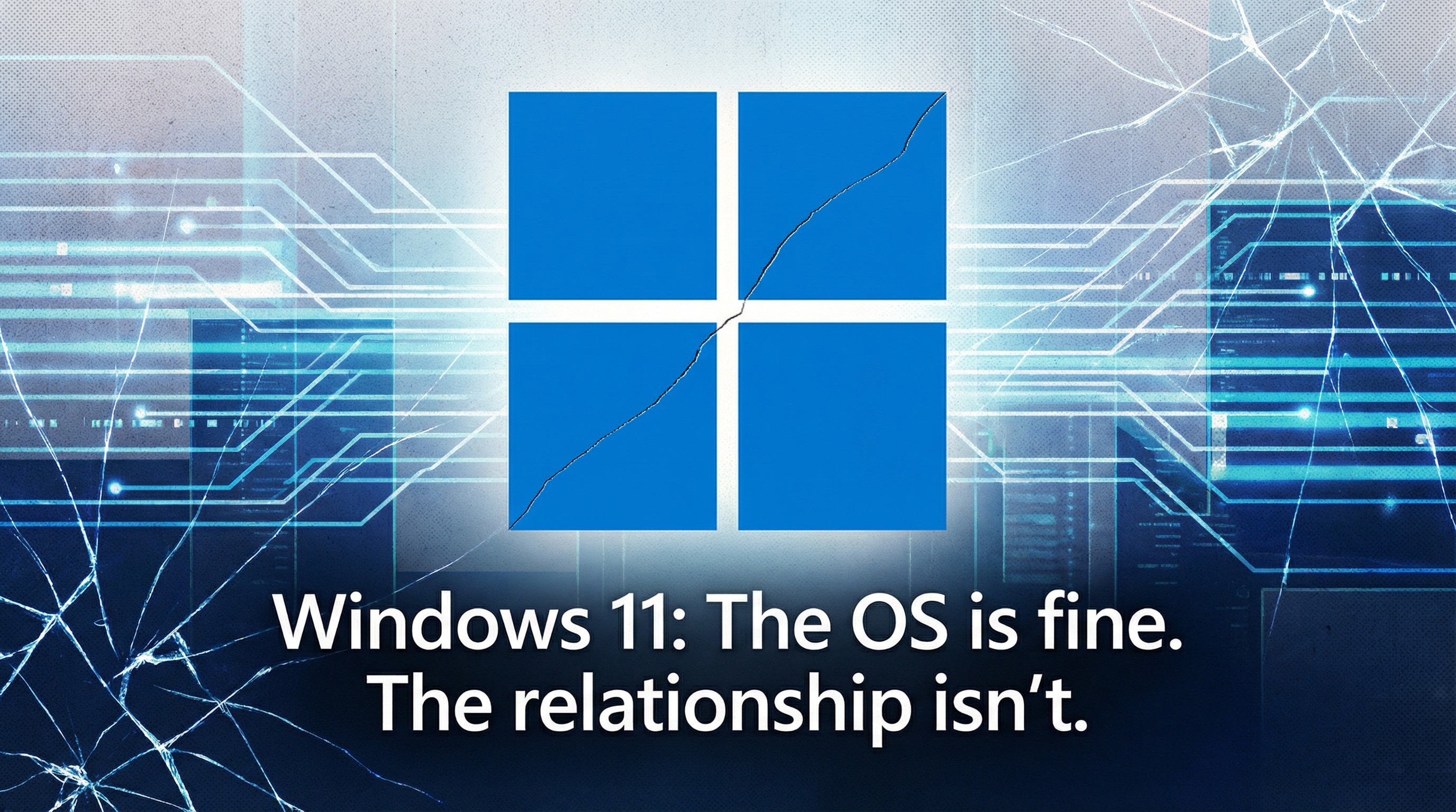 A clean, editorial‑style illustration of the Windows logo with a subtle, hairline crack running through it &mdash; not shattered, not broken, just fractured. It visually communicates the theme: Windows isn&rsquo;t collapsing, but the relationship between Microsoft and its users is strained.