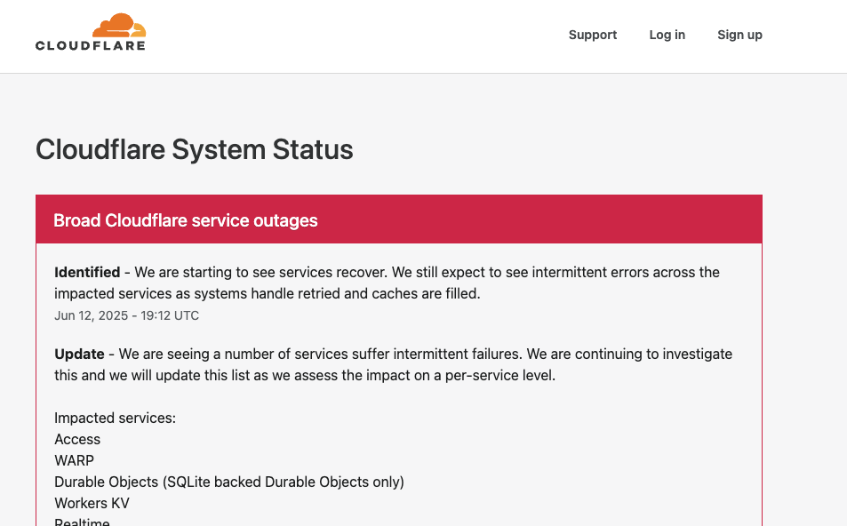 Cloudflare System Status as of 3:12PM ET on June 12, 2025