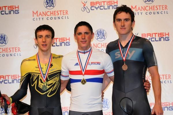 The men's scratch podium (l-r): Simon Yates, Peter Kennaugh and Geraint Thomas.