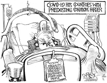 Editorial Cartoon U.S. coronavirus uncle sam preexisting conditions