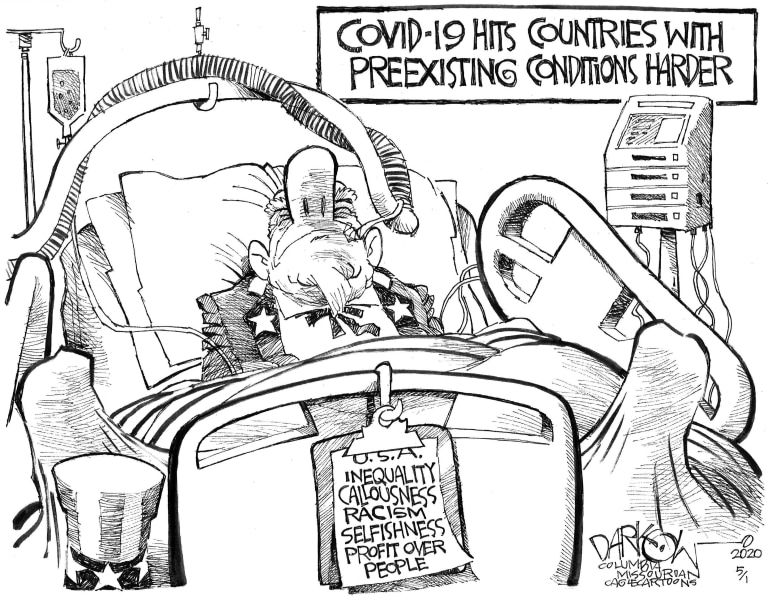 Editorial Cartoon U.S. coronavirus uncle sam preexisting conditions