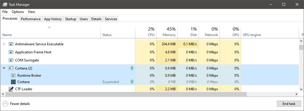 Cortana in Windows Task Manager