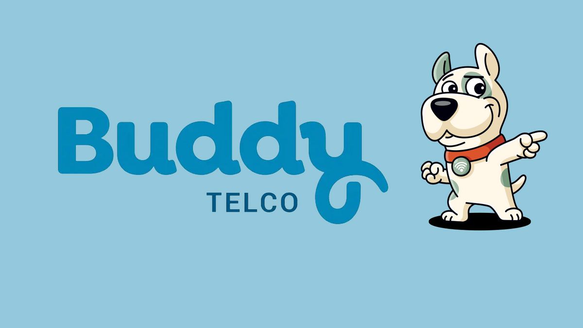 Buddy Telco logo and animated dog pointing to the right of the image