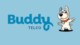 Buddy Telco logo and animated dog pointing to the right of the image