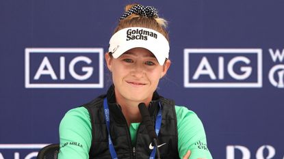Nelly Korda speaks to the media before the 2023 AIG Women's Open
