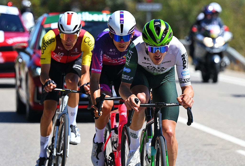 ZARAGOZA, SPAIN - AUGUST 30: (L-R) Jose Luis Faura of Spain and Team Burgos Burpellet BH and Joan Bou of Spain and Team Caja Rural - Seguros RGA compete in the breakaway during the La Vuelta - 80th Tour of Spain 2025, Stage 8 a 163.5km stage from Monzon Templario to Zaragoza / #UCIWT / on August 30, 2025 in Zaragoza, Spain. (Photo by Tim de Waele/Getty Images)