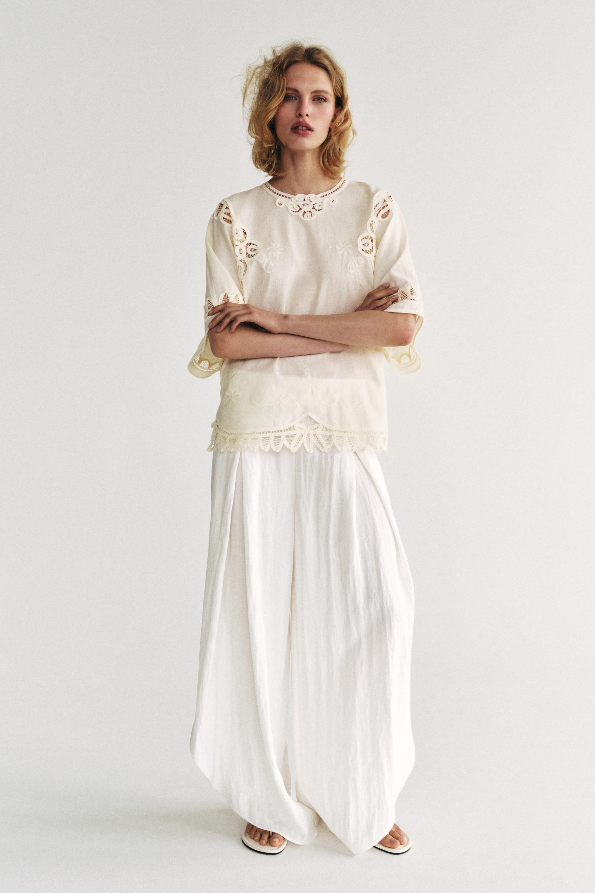 Zw Collection Embroidered Linen Blend Blouse - Ecru - Xs